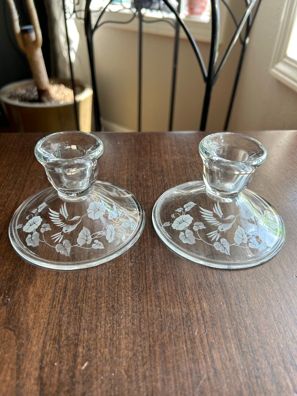 2 New no box Avon white etched hummingbird and floral candle stick holders gift